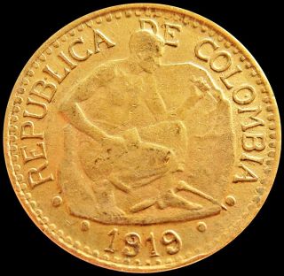 1919 Gold Colombia 7.  9881 Gram 5 Pesos Stone Cutter Coin