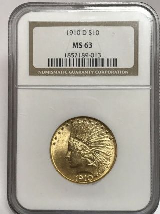 1910 - D $10 Indian Gold Eagle Ngc Ms63