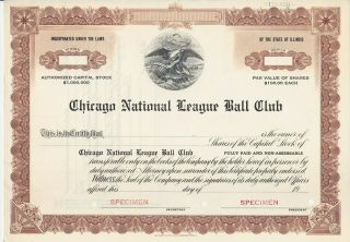 Chicago National League Ball Club Specimen Stock Certificate Rare Chicago Cubs
