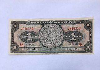 1970 Mexican Paper Money - One Peso - B.  Nacional De Mex.  Serial J926350 Crisp Au