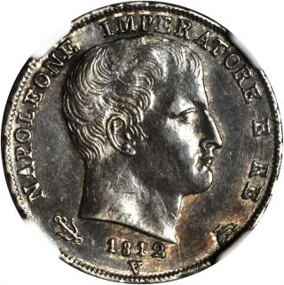 ITALY KINGDOM OF NAPOLEON 1812 - V 1 LIRA SILVER COIN,  CERTIFIED NGC AU55 5