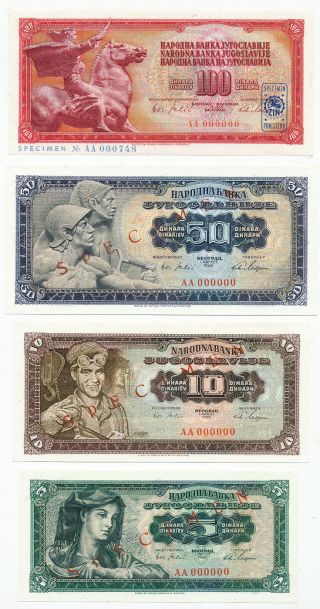 Yugoslavia Specimen Set 5,  10,  50,  100 Dinara 1965 P77 - 80,  Unc.  (y023)