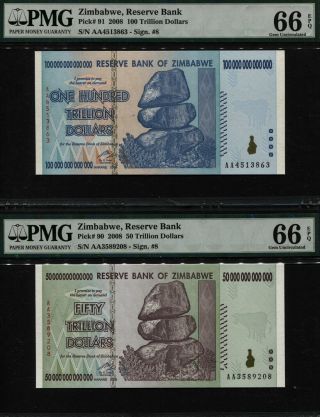 Tt Pk 91 & 90 2008 Zimbabwe 100,  50 Trillion Dollar Set Of Two Pmg 66 Epq Gem