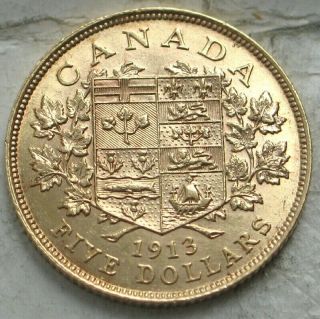 1913 CANADA $5 GOLD COIN.  CH/GEM BU 2
