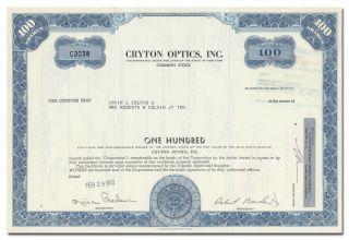 Cryton Optics,  Inc.  Stock Certificate (fresnel Lens Light Boxes)