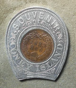 Souvenir Of Coney Island.  Encased 1906 Indian 1c,