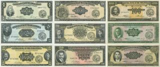 9 Pc.  1949 Central Bank Of The Philippines Bank Notes 1 - 500 Pesos