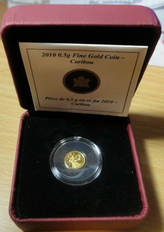 2010 Canada Caribou Gold Coin 0.  5 Gm 24 Karat Gold Proof With Box & Sleeve