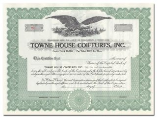 Towne House Coiffures,  Inc Stock Certificate