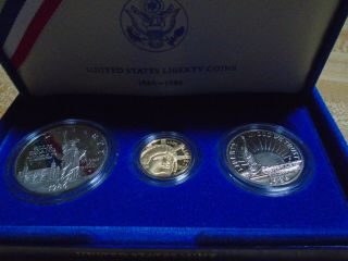 . 1986 United States Liberty Coins - Set Of Three - Half Dol,  Silver Dol,  Gold $5