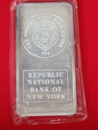 10 Troy Ounce Republic National Bank Of York.  999 Silver Bar