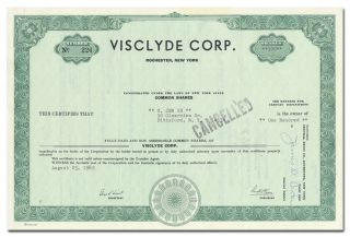 Visclyde Corp.  Stock Certificate (rochester,  York Tech Company)