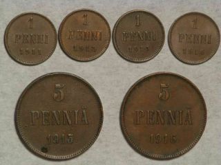 Finland 1911 - 1916 1 - 5 Pennia - 6 Coins Avg.  Xf - Au