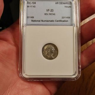 Roman Empire Silver Ar Denarius Trajan 96 - 117ad.  Rev.  Pietas Vf - 20 Ric - 104 Graded