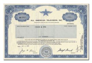 All American Television,  Inc.  Stock Certificate (baywatch)
