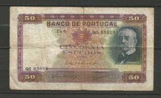 Portugal 1938 República Portuguesa.  50 Escudos.  Circulated Banknote