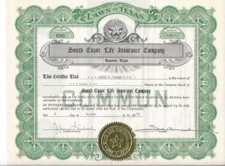 South Coast Life Insurance Company (houston,  Tx).  1955 Stock Certificate