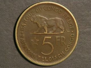 BELGIAN CONGO 1937 5 Francs Lion VF 2