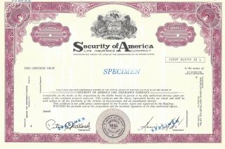 Security Of America Life Insurance Company.  " Specimen " Stock Certificate