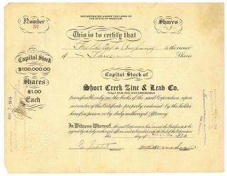 Short Creek Zinc & Lead Co.  Stock Certificate.  Missouri.  1916