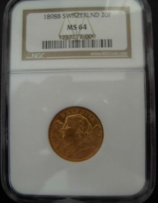 Switzerland 1898b Gold 20 Francs Ngc Ms - 64