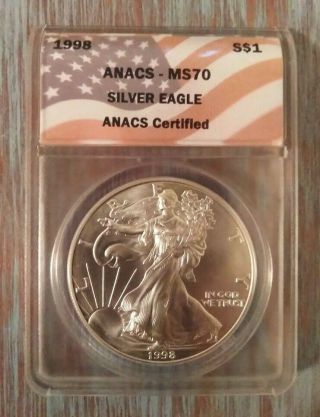 1998 $1 American Silver Eagle Anacs Ms70 Flag Label