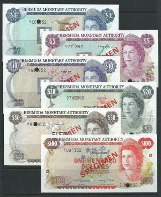 Bermuda - 1978 - 1984 6 Note Specimen Set - $1,  $5,  $10,  $20,  $50,  $100 - Read On