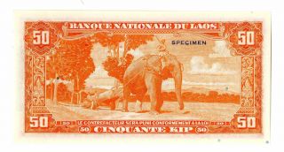 Laos.  Banque Nationale Du Laos,  1957 Specimen 50 Kip,  P - 5s1 Gem Unc SBNC Red 2