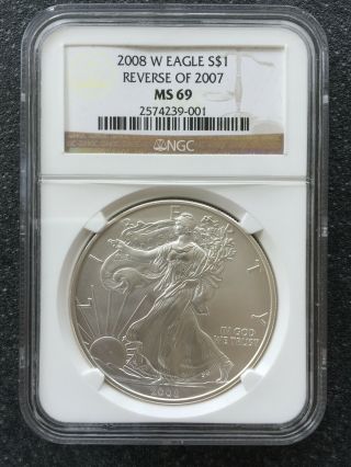 2008 W Reverse Of 2007 $1 Ngc Ms 69 American Silver Eagle,  1 Oz.  Scarce Variety