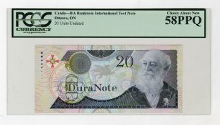 U.  S.  & Canada.  Duranote,  20 Units,  B A Banknote International Printer Test Note