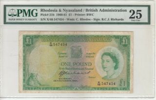 Rhodesia & Nyasaland / British Administration One Pound 1960 P21b Pmg 25 V.  Fine