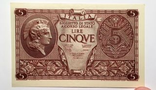 1944 Italy 5 Lire Banknote Kingdom Biglietto Di Stato Uncirculated