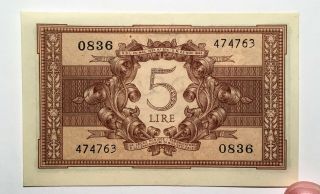 1944 Italy 5 Lire Banknote KINGDOM Biglietto di Stato UNCIRCULATED 2