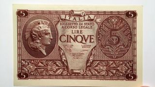 1944 Italy 5 Lire Banknote KINGDOM Biglietto di Stato UNCIRCULATED 3