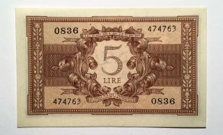 1944 Italy 5 Lire Banknote KINGDOM Biglietto di Stato UNCIRCULATED 4
