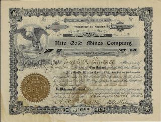 Arizona Territory 1909 Hite Gold Mines Company Stock Certificate 17 Wickenburg
