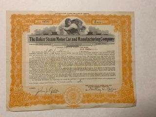 1926 Baker Steam Motor Car & Manuf Stock Certificate