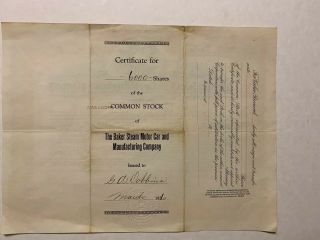 1926 Baker Steam Motor Car & Manuf Stock Certificate 2