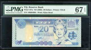 Fiji 20 Dollars Nd 2002 P 107 Gem Unc Pmg 67 Epq Highest