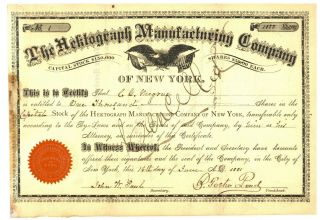 Hektograph Manufacturing Company.  Stock Certificate.  Serial No.  1.  York 1881