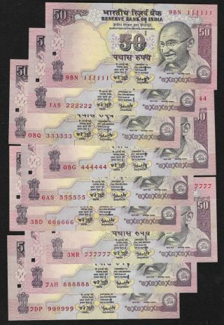 India Republic,  50 Rupees,  9x Notes,  Solid Set 111111 - 888888 - 999999,  Unc Grade.