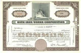 Bath Iron.  Stock Certificate.  Maine.  1949