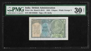 British India,  1935,  1 Rupee,  Pmg Ch.  Vf 30 Net,  Jw Kelly Sign Note,  Pick 14a.