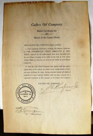 Stock certificate Caltex Oil Company 50 shares,  1919 uncancelled State of NY 2