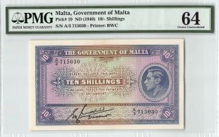 Malta Nd (1940) P - 19 Pmg Choice Unc 64 10/ - Shillings