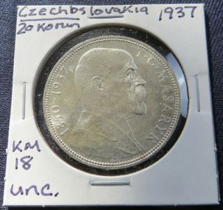 1937 Czechoslovakia 20 Korun Commemorative Silver Coin,  President Masaryk,  Ms
