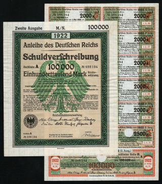 1922 Berlin,  Germany: German 100000 Mark Treasury Bond - Uncancelled W/ Coupons