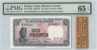 Belgian Congo 1958 P - 30b Pmg Gem Unc 65 Epq 10 Francs With Bank Strap