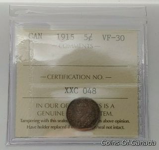 1915 Canada Silver 5 Cents Coin Iccs Vf - 30 - Book Value $60 Coinsofcanada