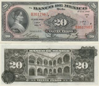 Mexico: $20 Pesos La Corregidora 17 De Enero 1945 El Banco De Mexico Unc.